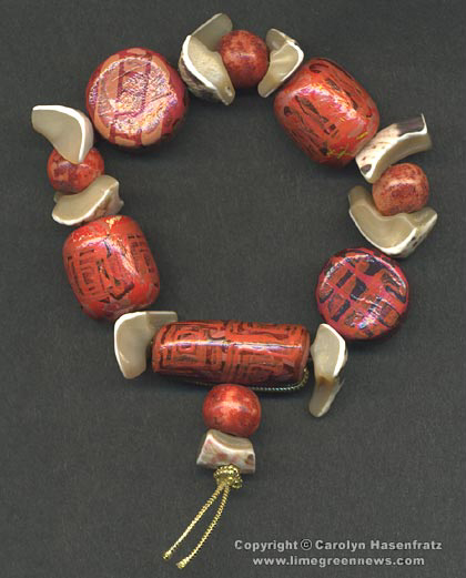 Bracelet with Rubber Stamped Beads and Shell