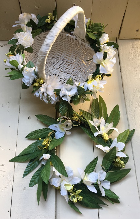 Finished flower girl head wreath and basket