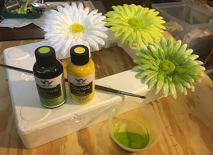 Painting silk daisies with Color Wash paint by Tattered Angels.