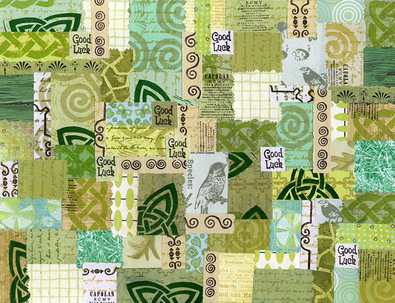 Collage made with scrap paper and paper pieces that I stamped with rubber stamps.
